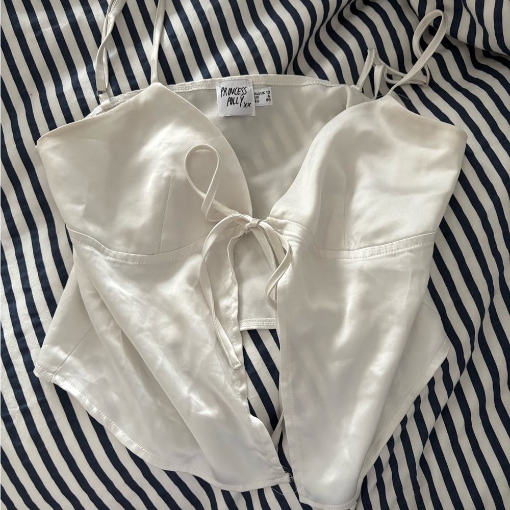 Princess Polly Cream Satin Tie-Front Top